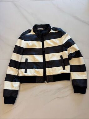 Alice + Olivia Black and White Striped 100% lamb skin Leather Jacket